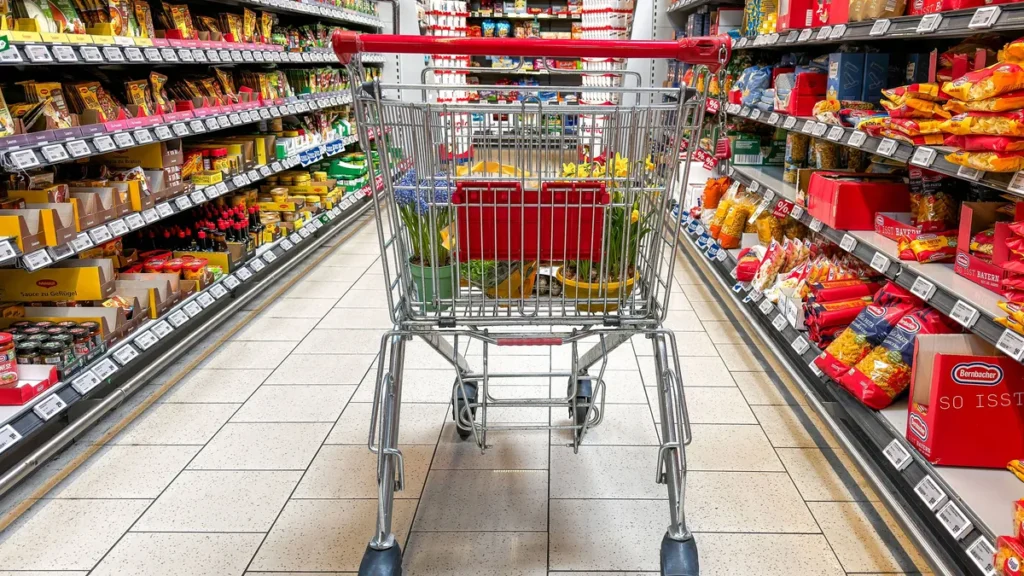 bavaria-germany-april-2-2025-a-shopping-cart-in-the-supermarket-stands-between-full-shelves-the-pict.webp